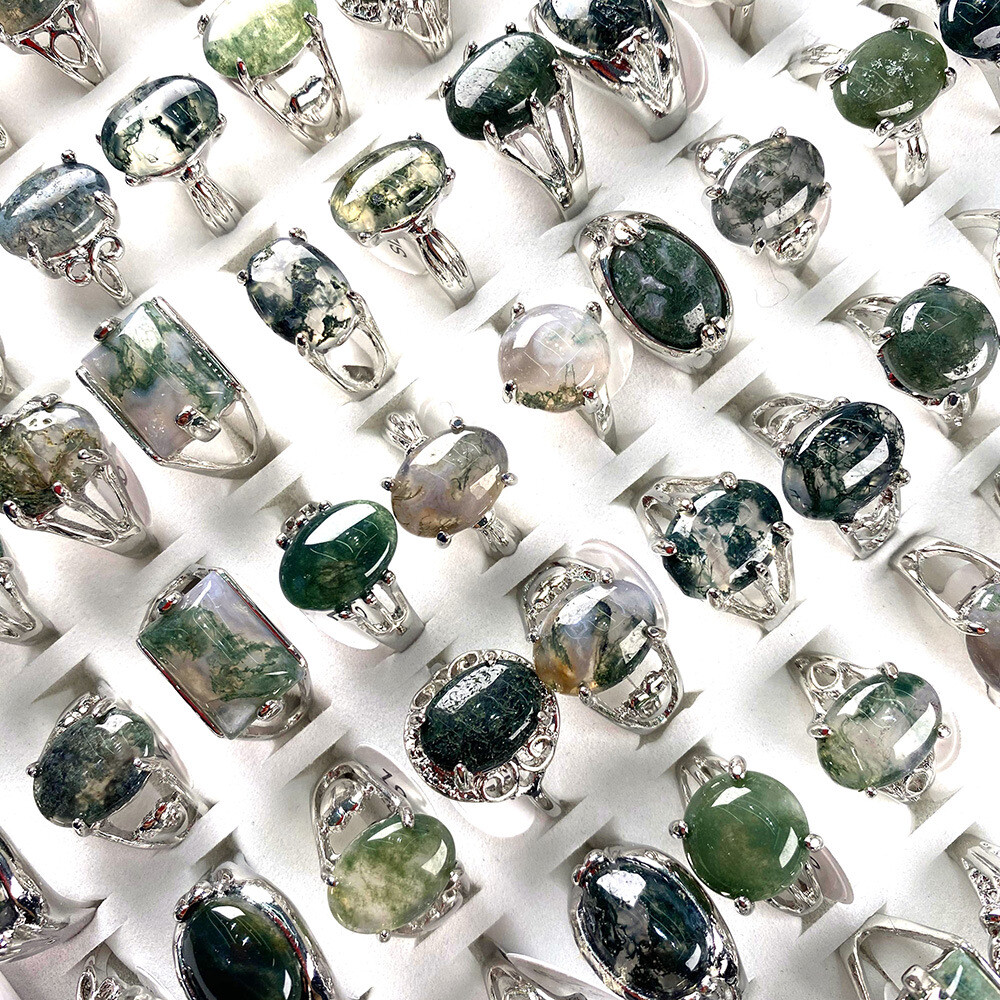 Wholesale Jewelry 12Pcs Natural Stone Moss Agate Gemstone Silver Plated Rings