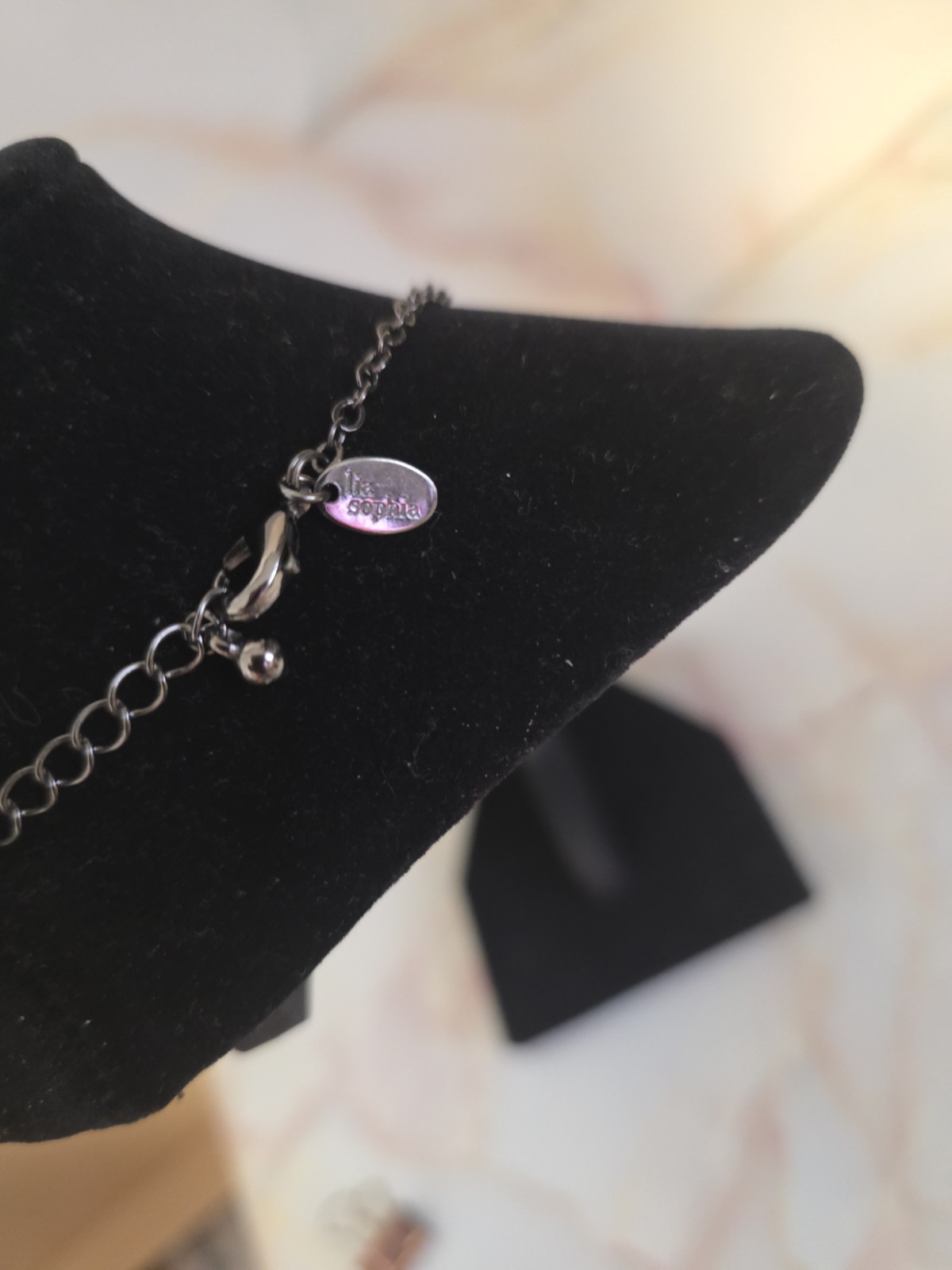 lia sophia Silver Tone Cable Chain Station Crystal Charm Necklace Signed