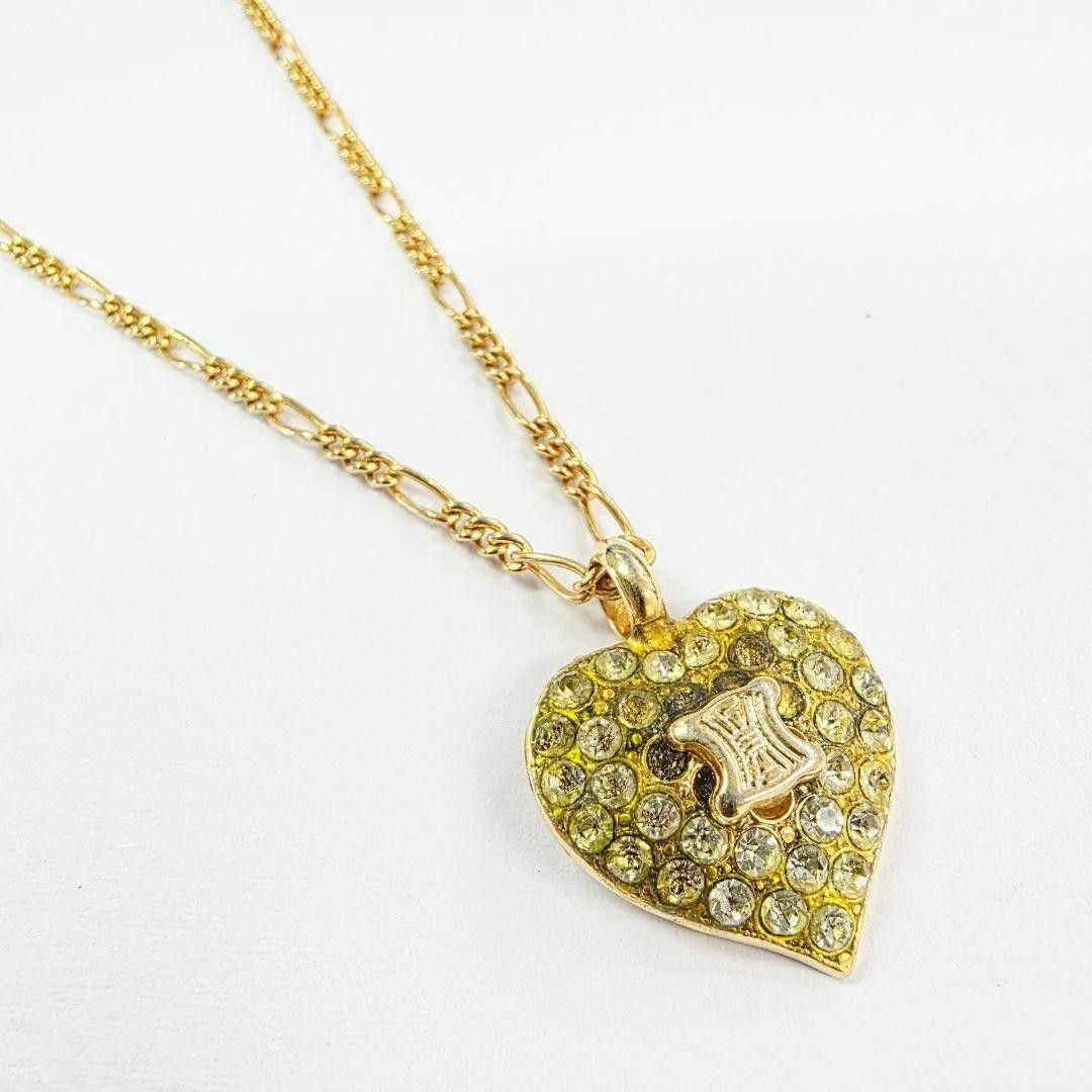 CELINE Vintage Heart Trionfo Rhinestone Necklace Gold Italy Auth