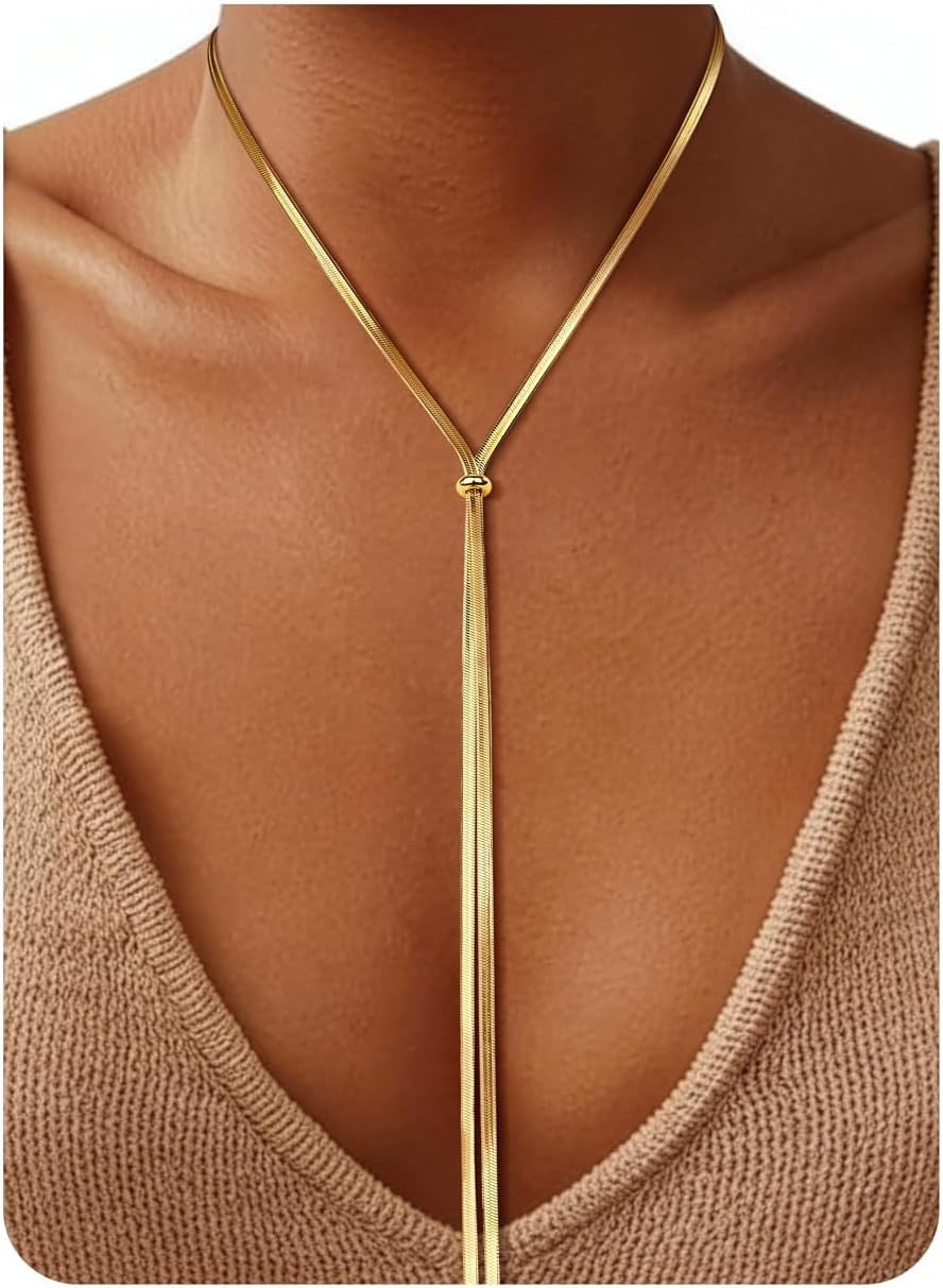 Chunky Long Y Necklace for Women, Waterproof Herringbone Drop Dangle Necklace, A