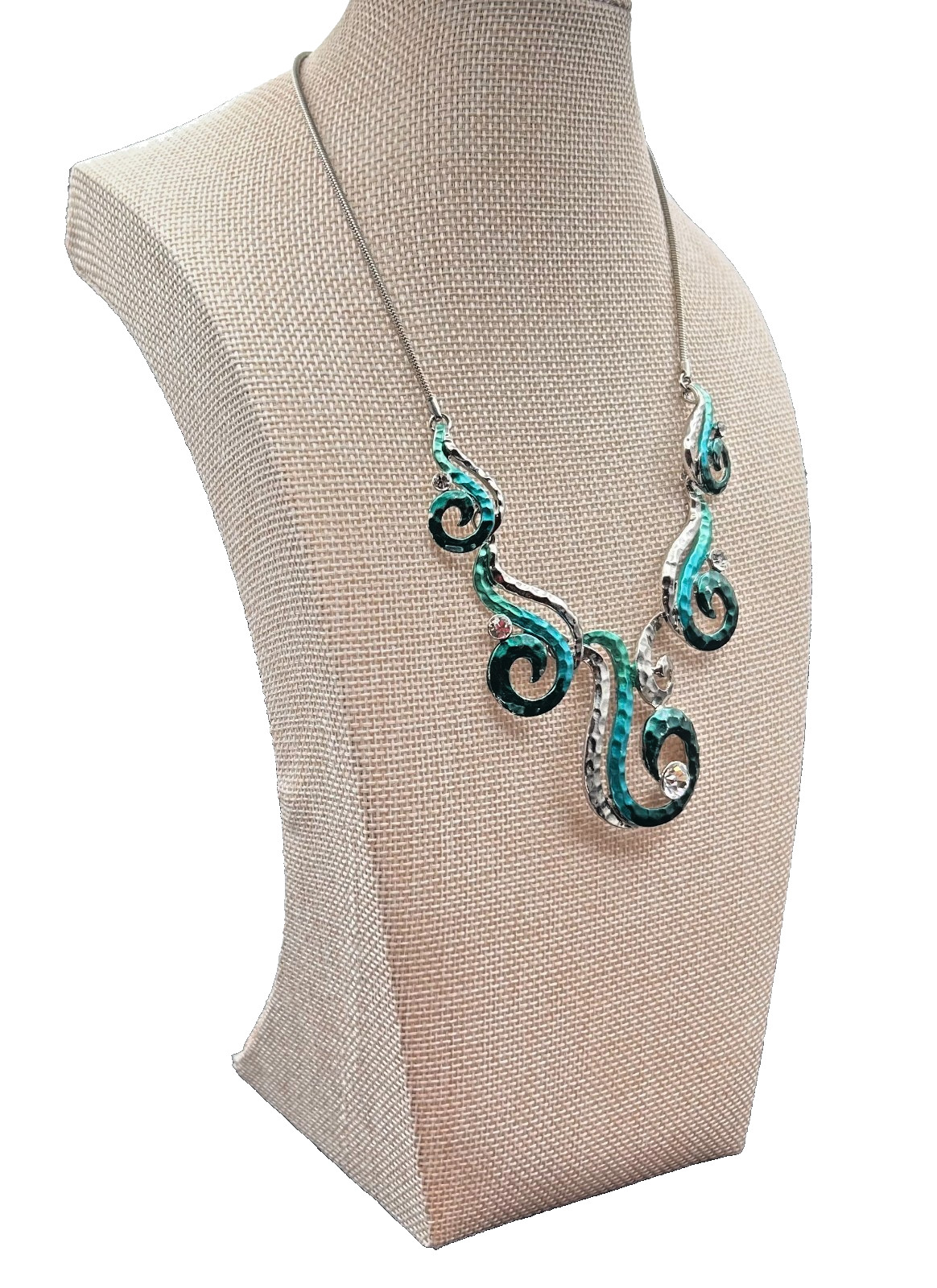 Silver Tone Statement Bib Necklace Teal Aqua Swirl Hammered Metal Rhinestone 18″