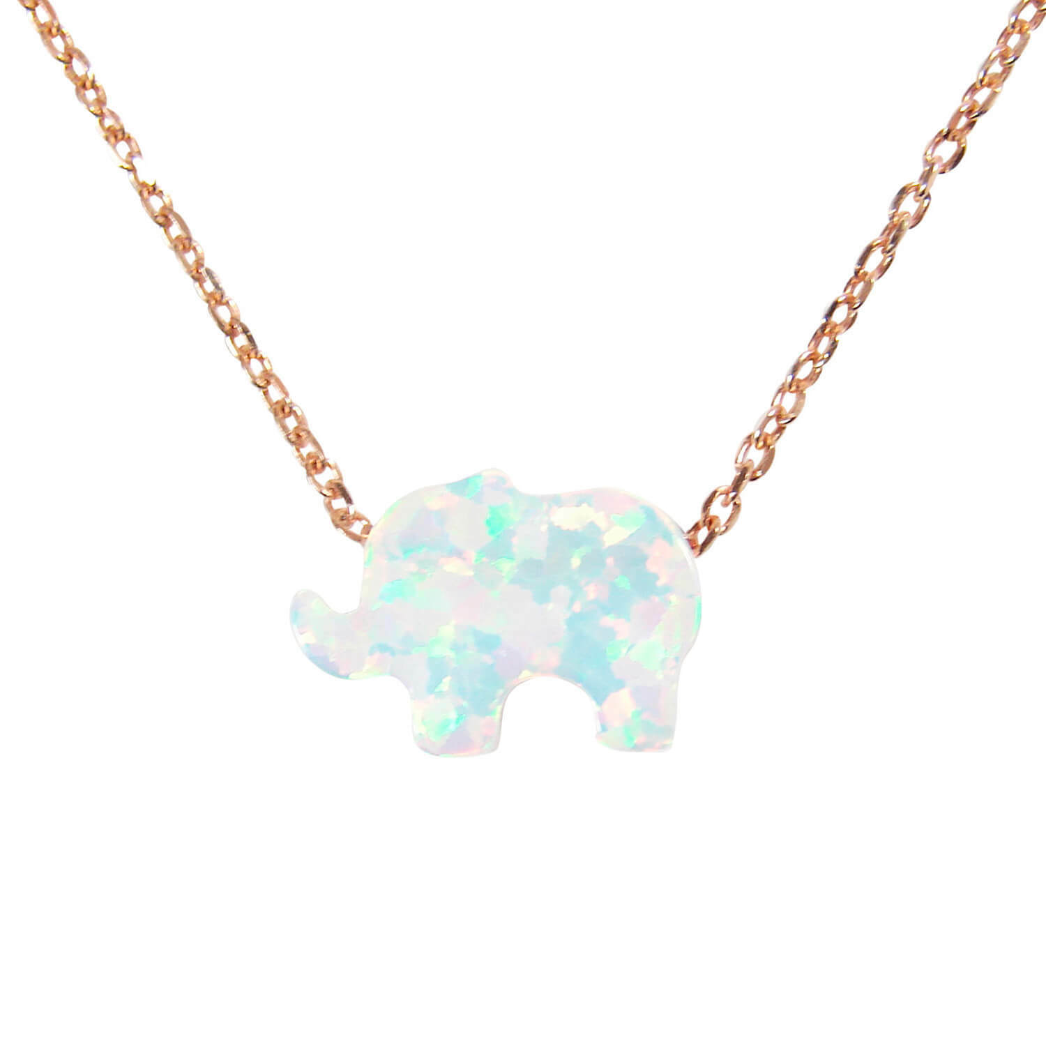 Elephant Necklace Tiny White Lab-Created Opal 925 Sterling Silver Chain