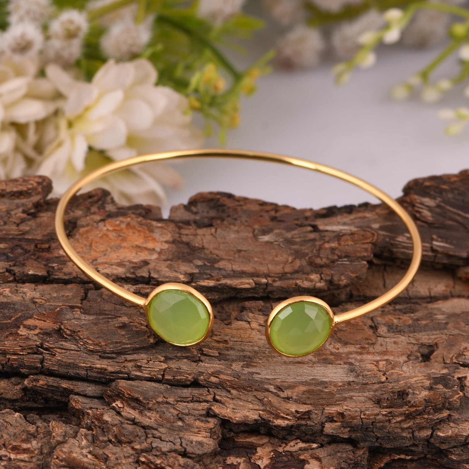 Gemstone Open Bangle Gold Plated Adjustable Cuff Bracelet With Green Prehnite
