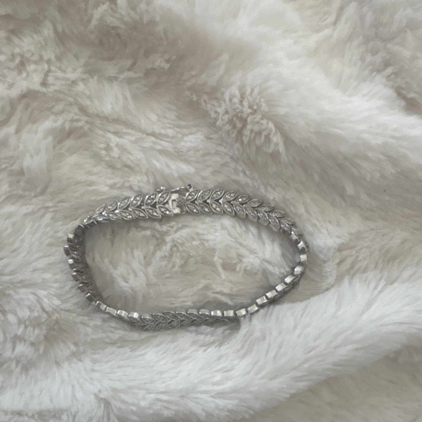 Silver Tone Metal Leaf Link Chain Bracelet White Pavé Marquise Box Clasp