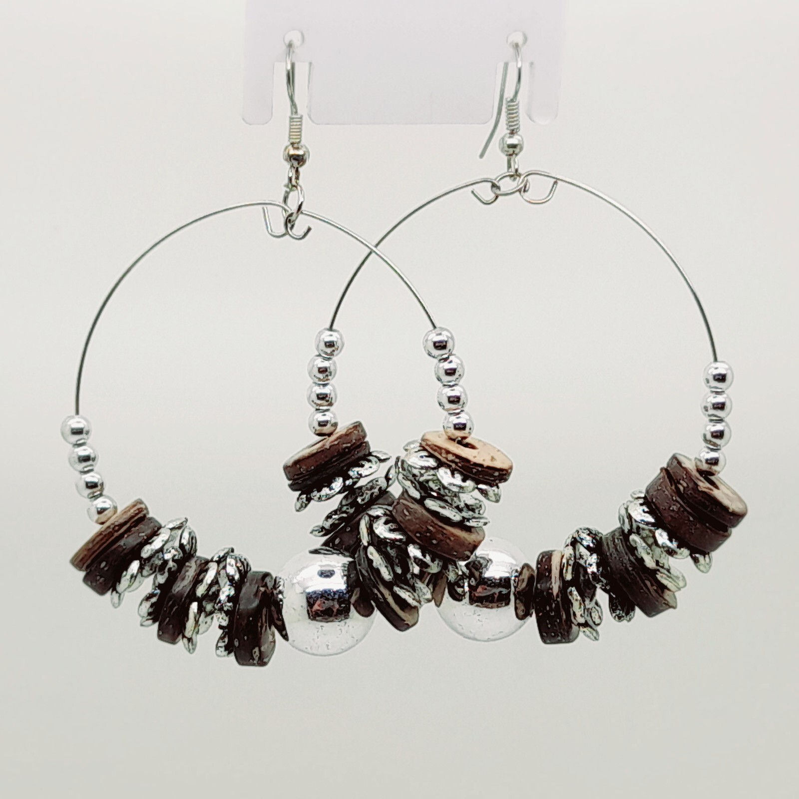 BOHEMIAN STYLE BROWN WOOD & ANTIQUED & SILVER ALLOY BEADED HOOP DANGLE EARRINGS