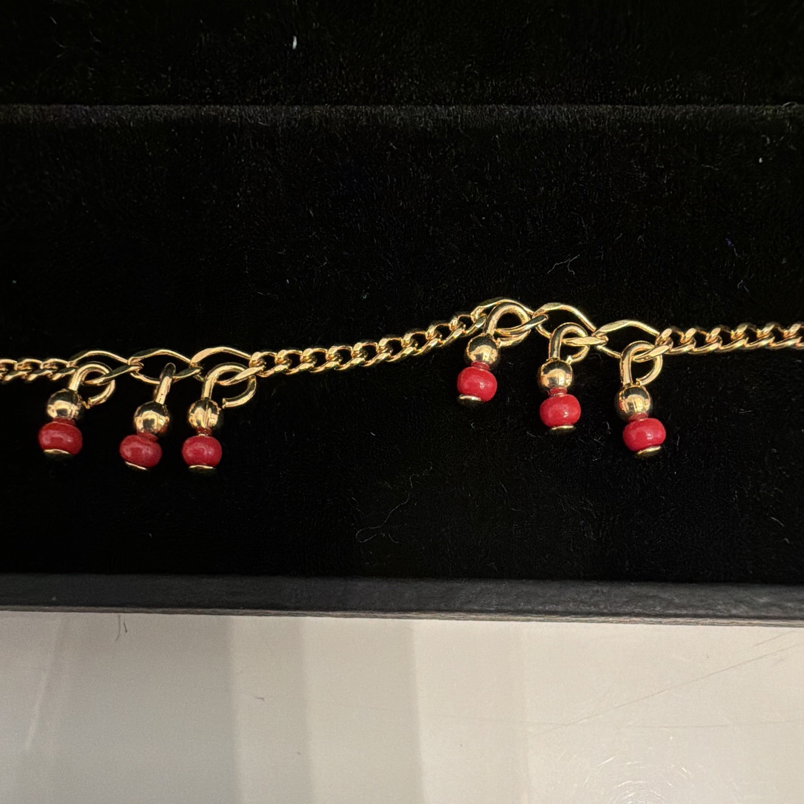 Gold filled Cable Chain BABY Bracelet, Red Dangle Charms, Spring Ring, 6 in