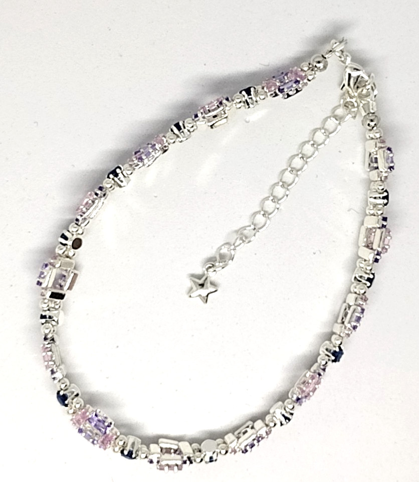 7 1/2 inch Bracelet Box Shape- Pink,Lavender 2x4mmCZ-3mm Royal Blue Round Beads.