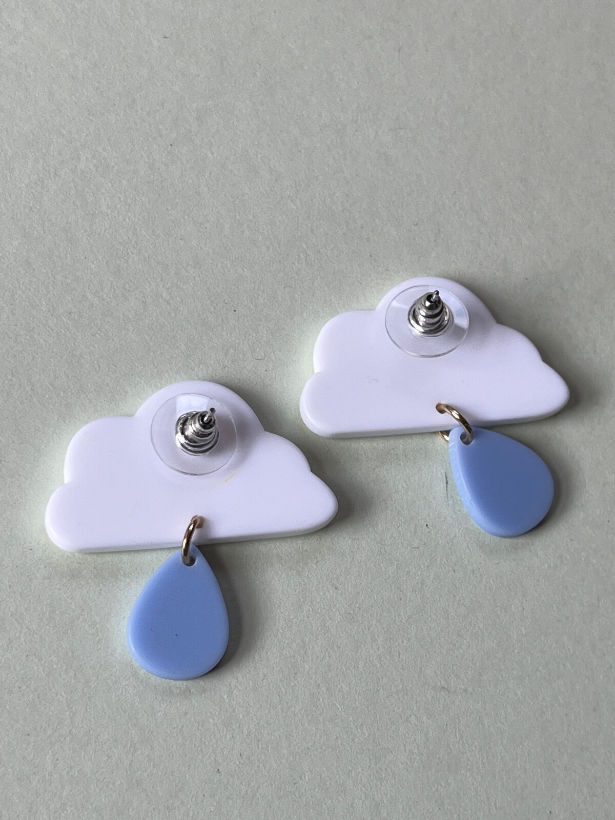 White Plastic Cloud w Light Blue Teardrop Raindrop Dangle Post Earrings for Pier