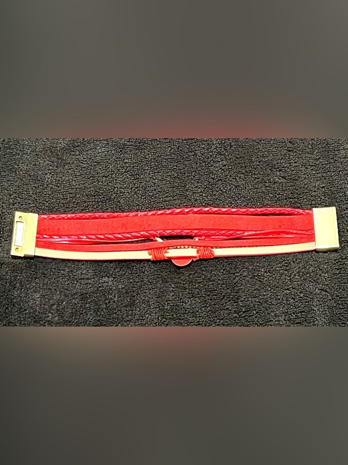Boho Red Layered Leather Cuff Boutique Magnetic Bracelet Gold Heart Druzy Clasp