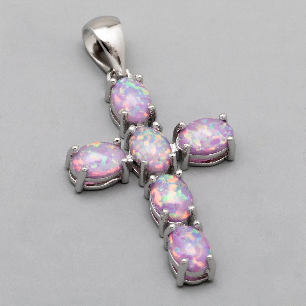 Latin Cross Lavender Purple Fire Opal Cabochon Silver Jewelry Necklace Pendant