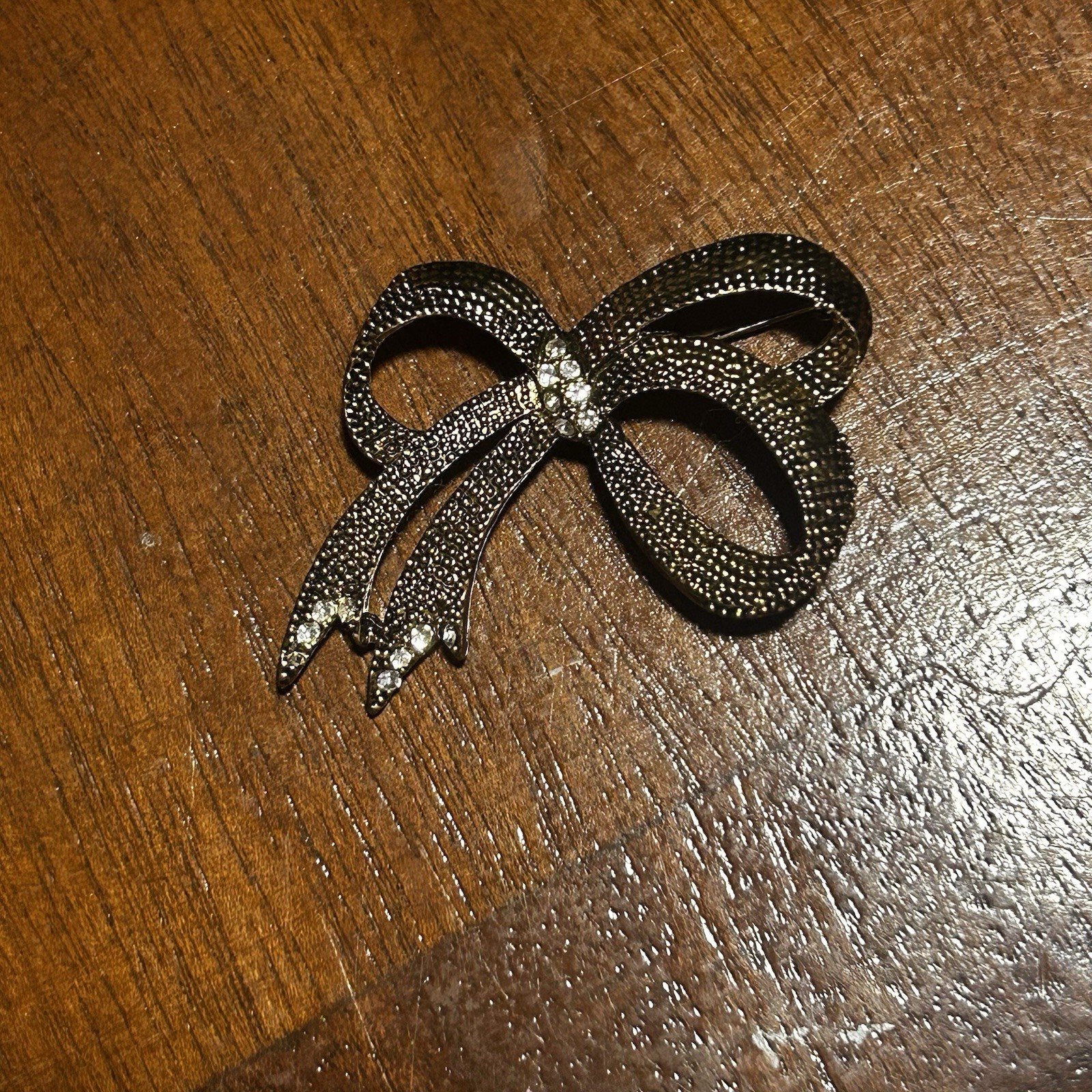 Gold Tone Black Metal Bow Brooch Pin with Clear Rhinestones Fashion Jewelry