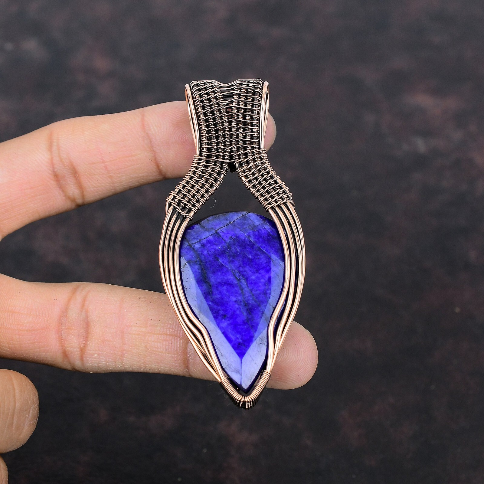 Gift For Her Copper Blue Saphire Gemstone Jewelry Wire Wrapped Pendant 3.27″