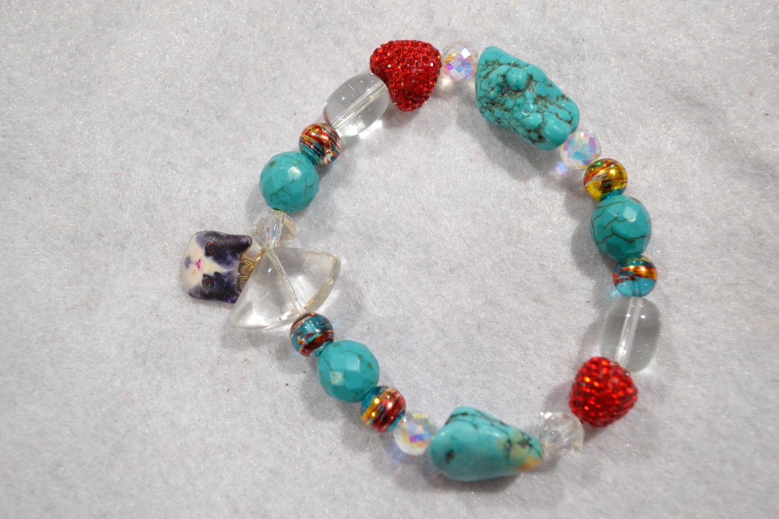 Turquoise Beaded Fashion With Cat Face Bracelet Slight Stretch Approx. 7 MM