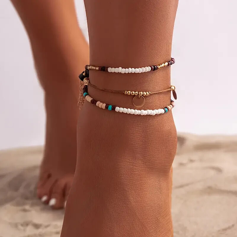 ankle bracelet Three-Piece Set Layered Beads gold white red brown blue womens
