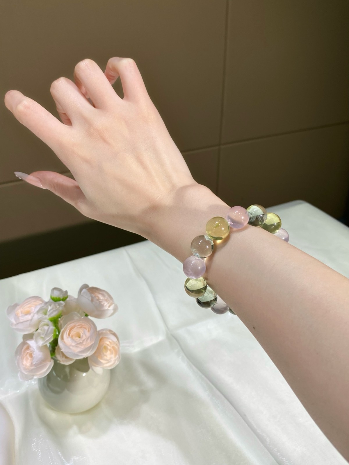 LUSA FEELA Natural Fluorite Citrine Beaded Stretch Bracelet Gift Box