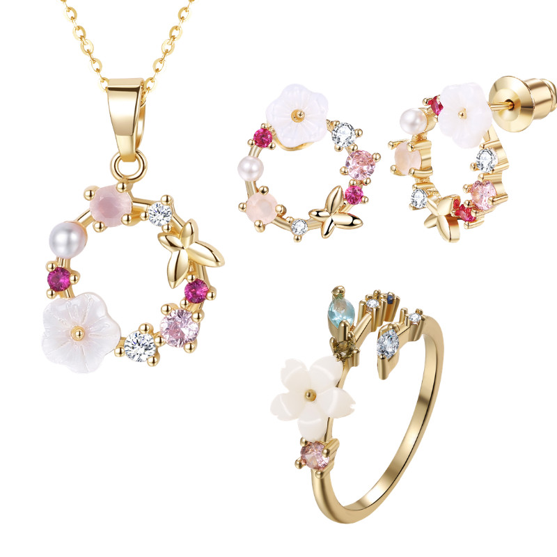 Women’s Cherry Blossom Butterfly Jewelry Set CZ Necklace Earrings Bracelet Ring