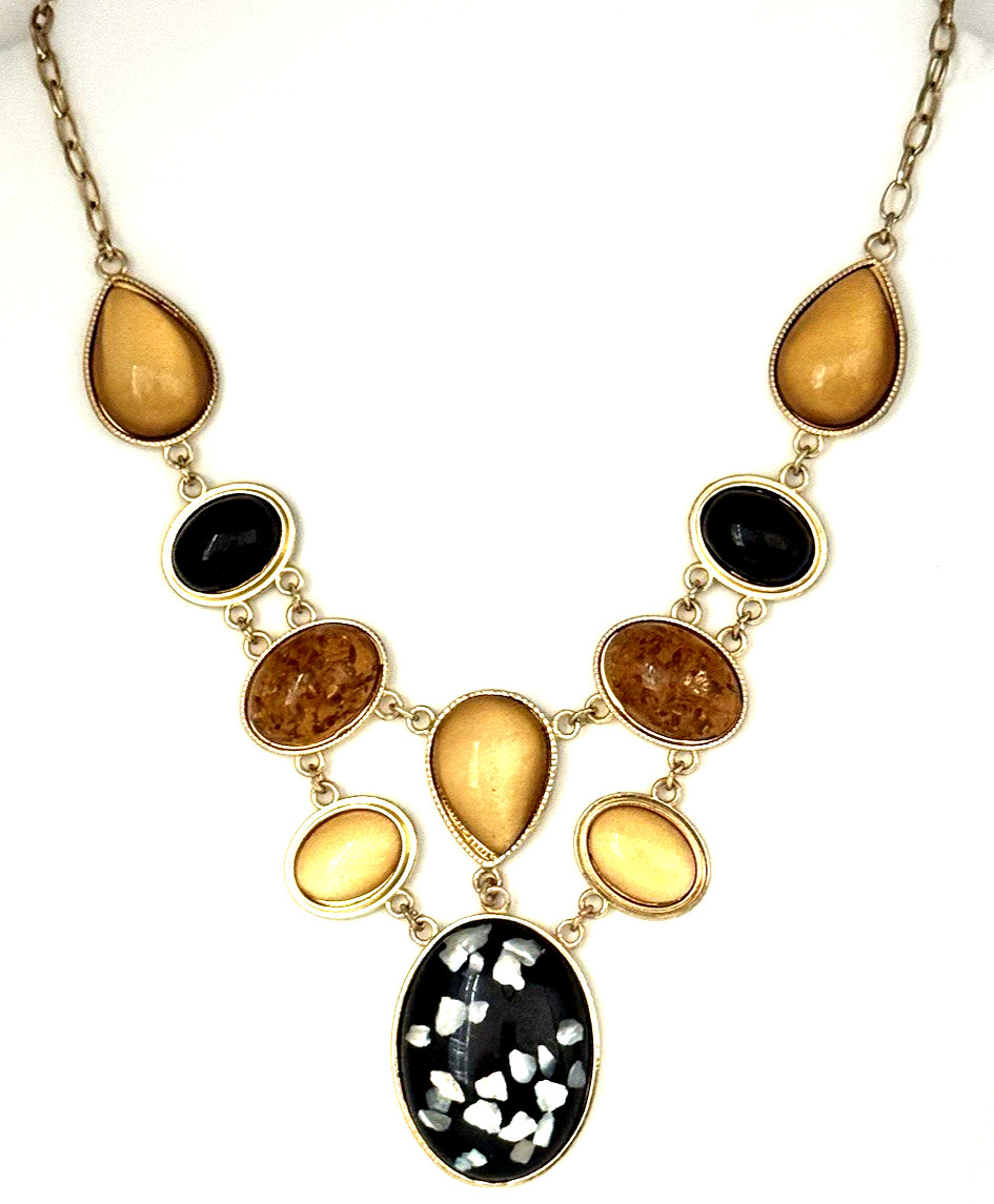 NY New York & Co. 21″ Matte Gold Tone Black, Gold & Amber Statement Necklace