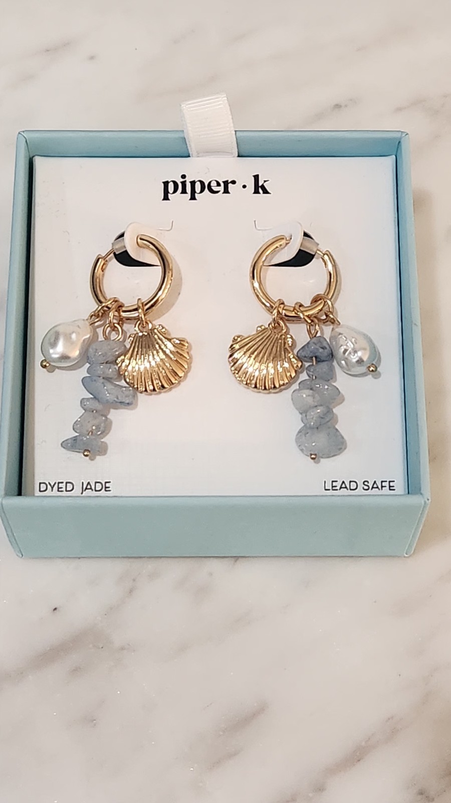 NiB! Piper K Dyed Blue Jade Glass Pearl, Seashell Gold Dangle Earrings