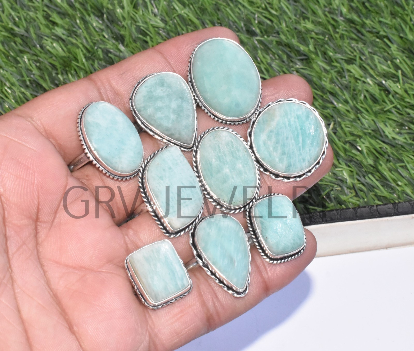 1-500 Pcs Natural Amazonite In Wholesale Gemstone Rings Lot: Silver Plated Whr-9