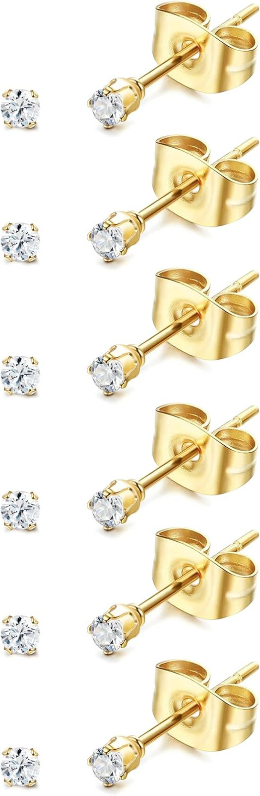 6 Pairs Tiny 2Mm Stainless Steel Stud Earrings for Mens Womens CZ round Ball Car