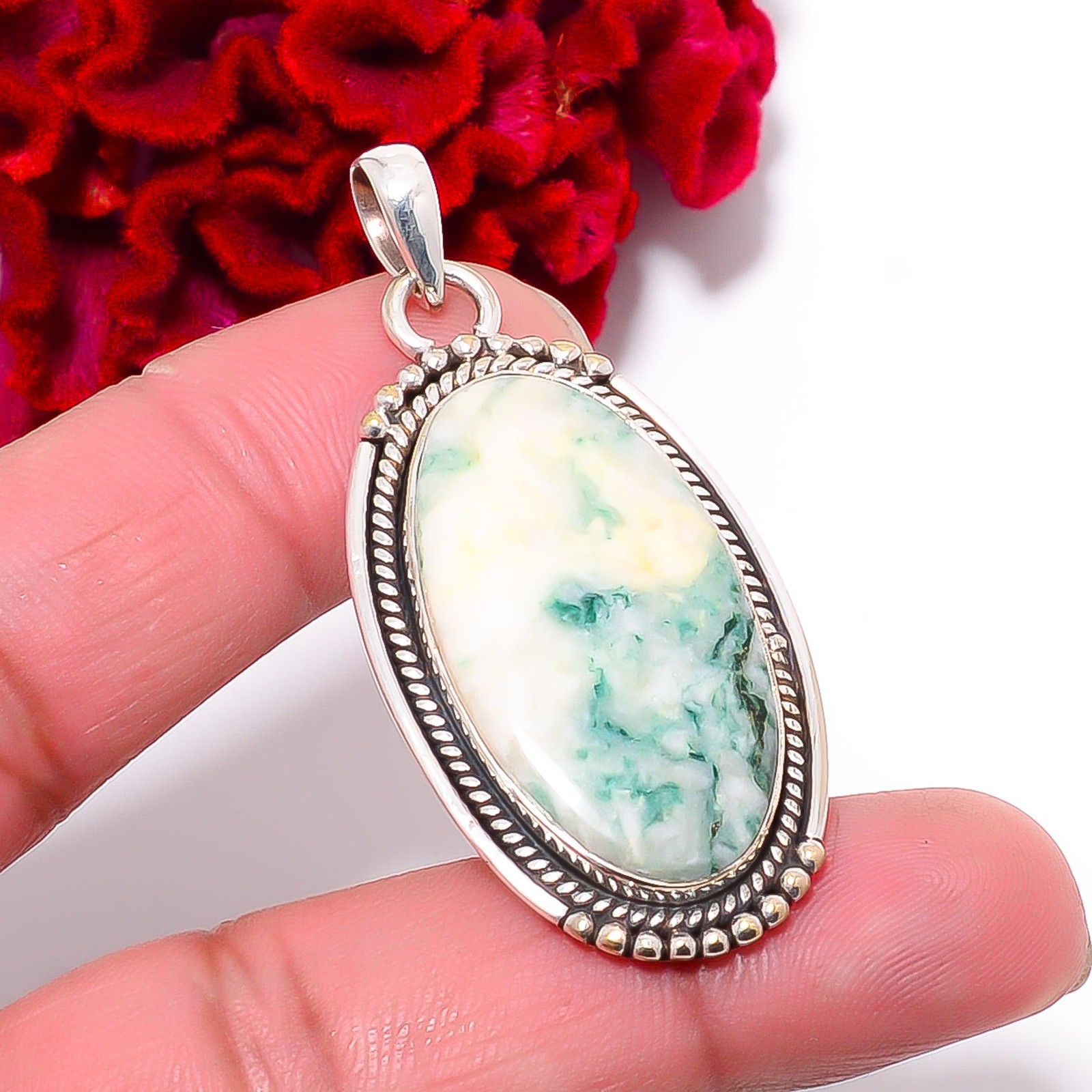 Moss Agate – India Designer Handmade 925 Sterling Silver Pendant 2.07″ P96673