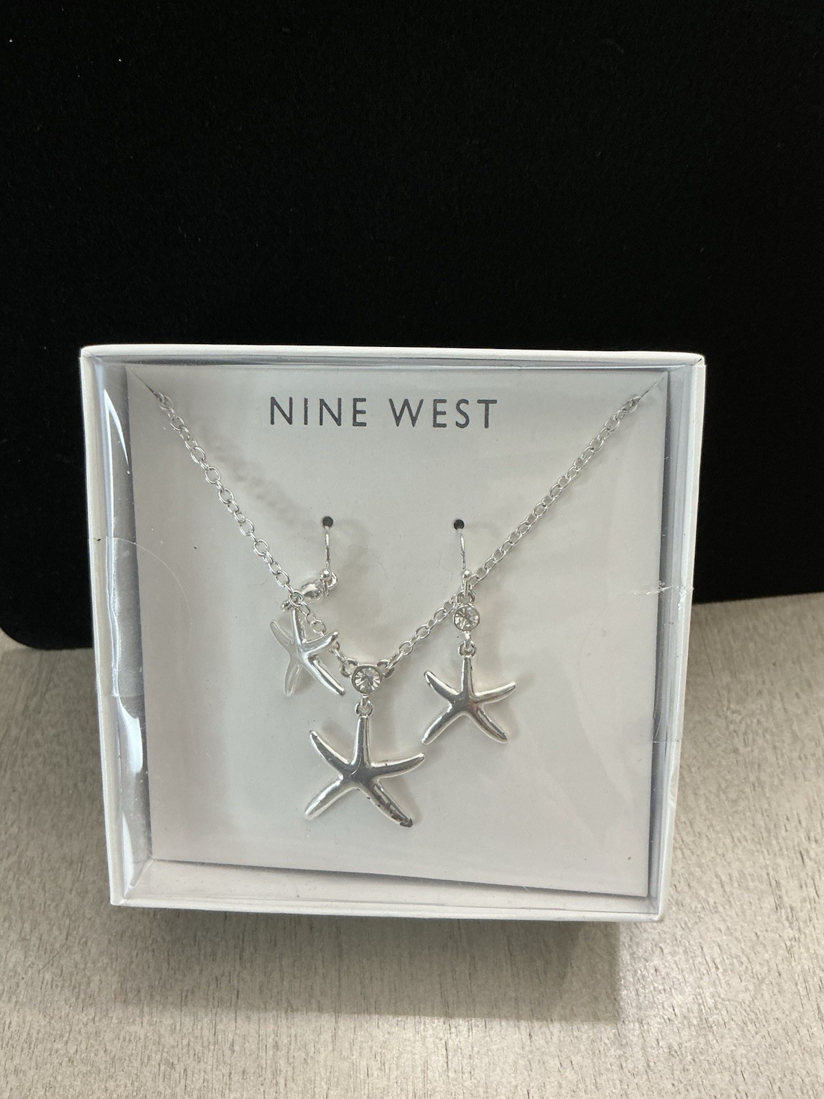 Nine West Silver Tone Beach Starfish Crystal Necklace & Earrings Jewelry Set