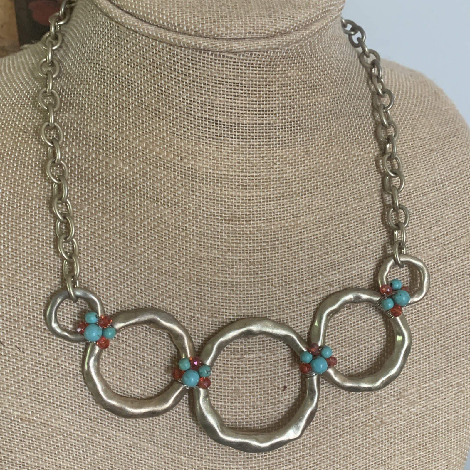 Brutalist Minimalist Circles Bib Necklace Turquoise Accents Hammered Silver Tone