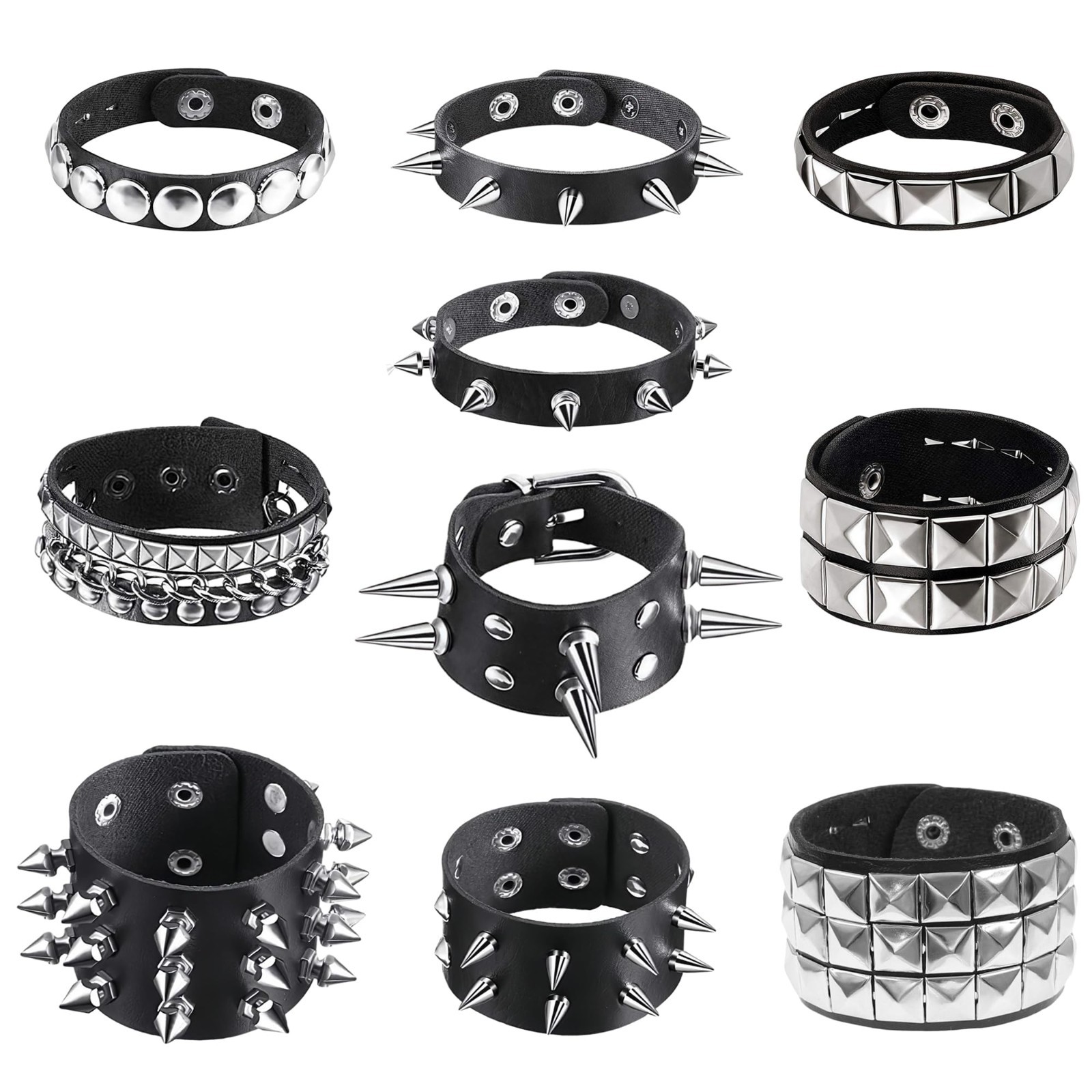 10 Studded Punk Bracelets Set – Emo Spiked Black Leather Cuffs, Goth Accessories