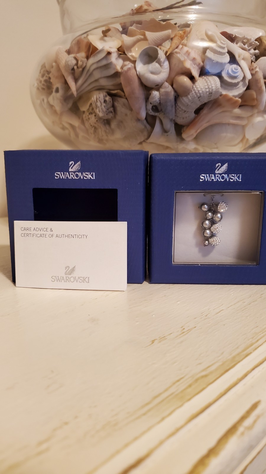 Authentic Swarovski Pave Crystal & Gray Pearl Cluster Pendant Necklace NIB $95