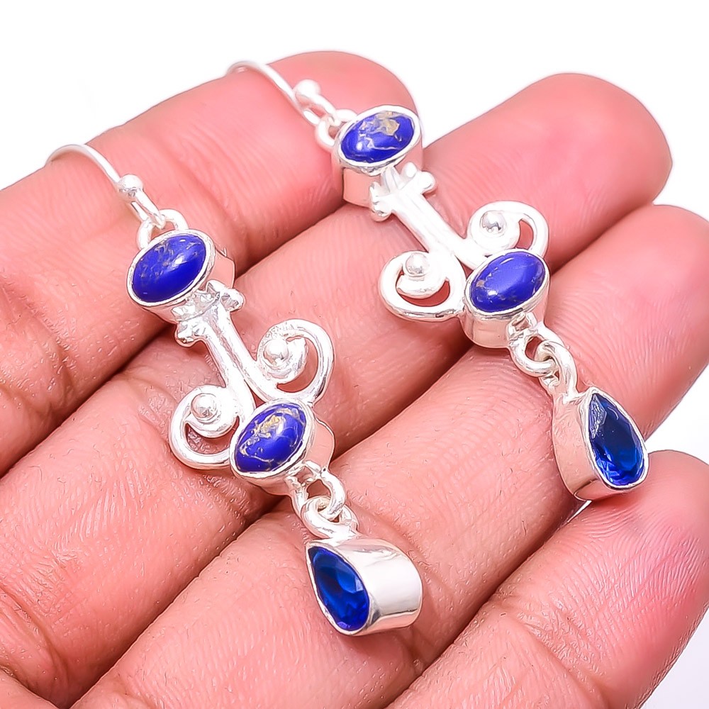 Copper Lapis Lazuli, Sapphire Multi Collet Simulated 925 Silver Earring 2.15″ E3