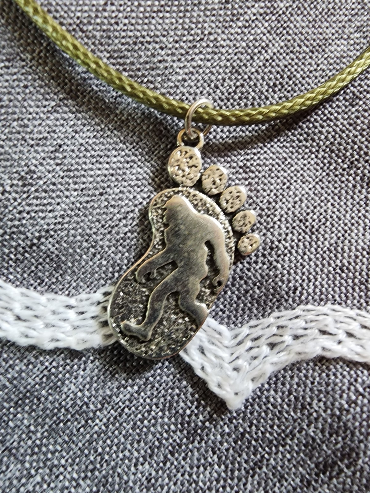 Handmade Bigfoot Footprint Set Necklace & Dangle Earrings Silver Tone Green Cord