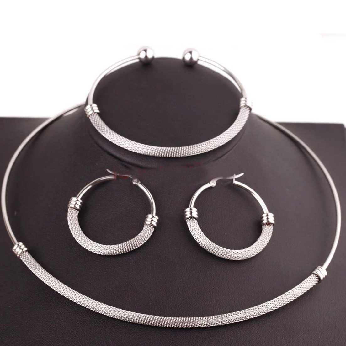 Womens Silver Cable Wire Stainless Steel Necklace Choker Bracelet Jewelry Set