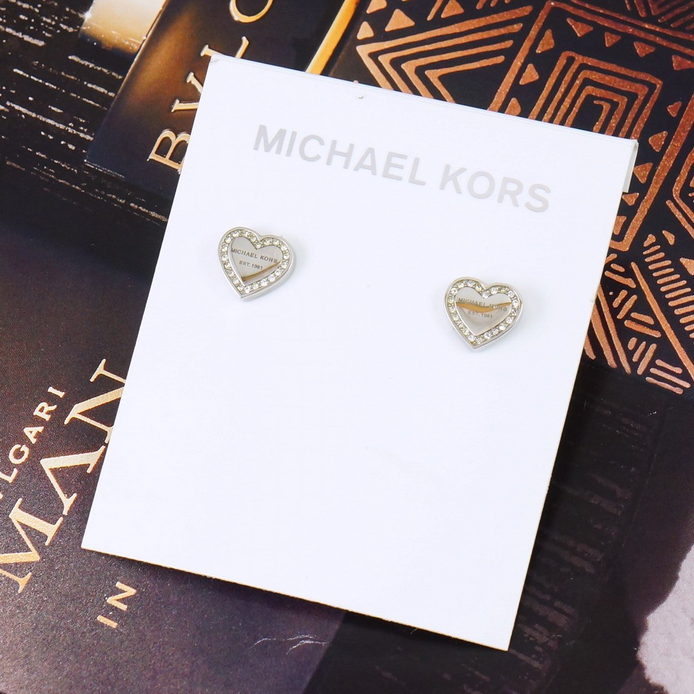 Clearance!! NWT Michael Kors Pave Heart Logo Stud Earrings MKJ3966 Silver Tone