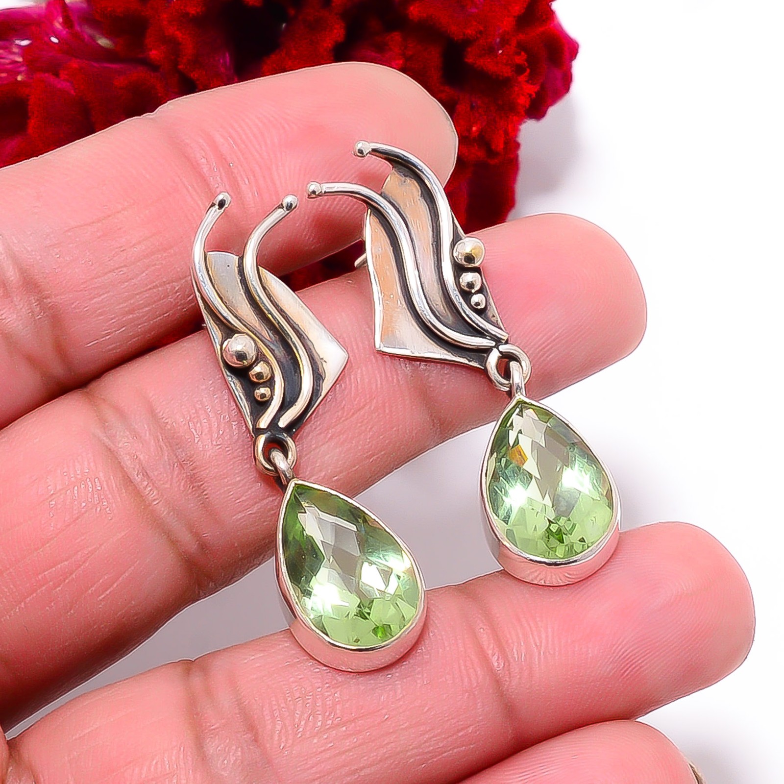 Green Amethyst Designer Handmade 925 Sterling Silver Earring 1.56″ E9846