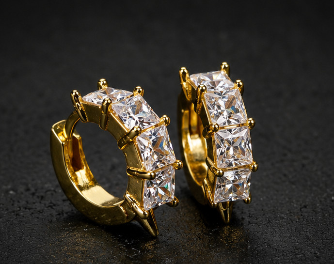 4.00Ct Princess Cut Simulated Diamond Men’s Hoop Earrings 14K Yellow Gold Plated
