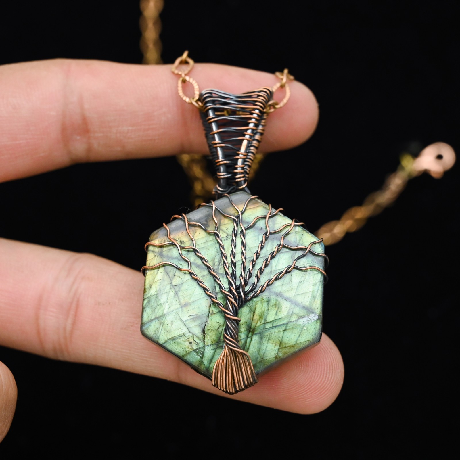 Copper Wire Wrapped Labradorite Hexagon Tree of Life Pendant | Artisan Gemstone