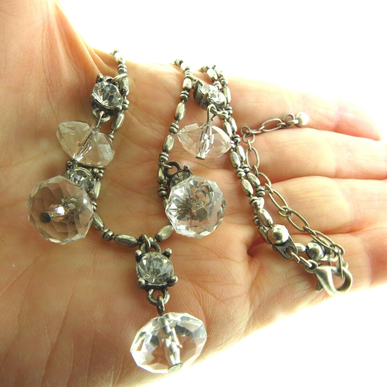 Rhinestone Crystal Lucite Bead Dangle Necklace Silver 1×18-20.5 Inch