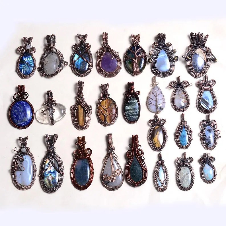 Natural Handmade Mix Gemstone Copper Wire Wrap 10 Pcs Lot Pendant Jewelry Reiki