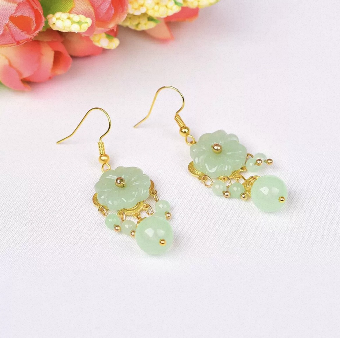 Natural Jade Flower Earrings Carved Gemstone 18K Gold Plated Real Jewelry