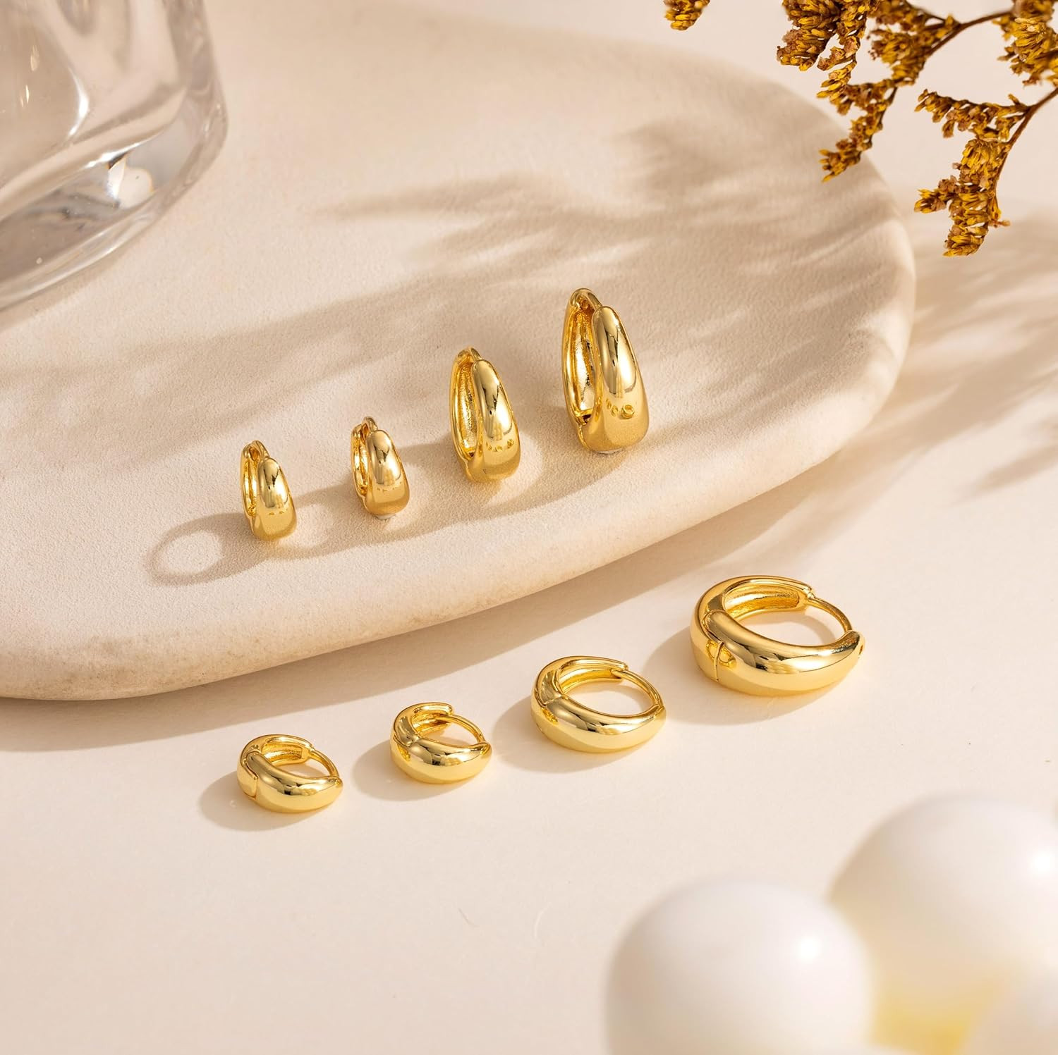 4 Pairs Small Huggie Hoop Earrings for Women, Chunky 14K Gold Plated Earrings St