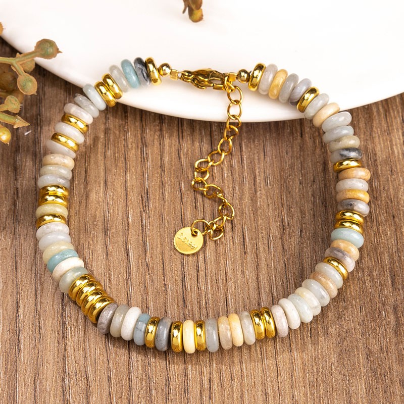 Amazonite Gem Rondelle Gold Lobster Claw Clasp Adjustable Bracelet L058