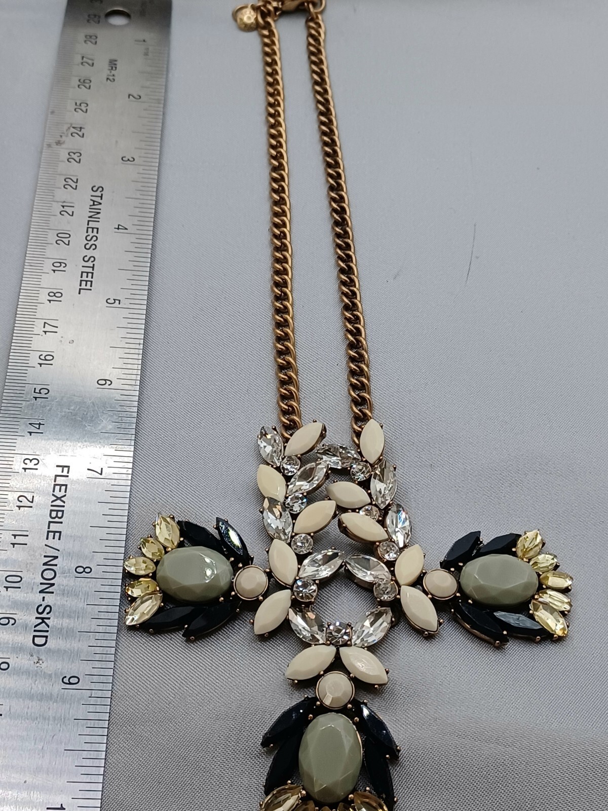 J Crew Necklace Midnight Blue, Ivory, Sage Green Gold Tone 18″
