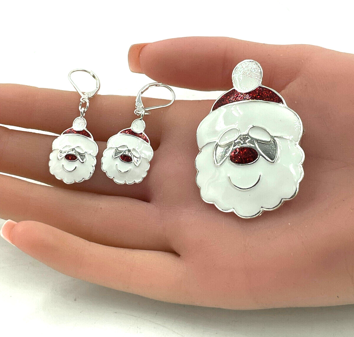 Christmas Santa Lapel Pin and Earrings Set White Gold