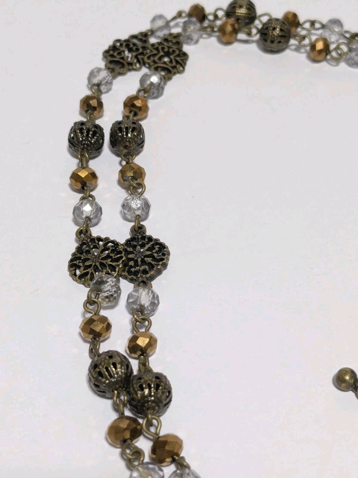 Gold Tone Y Drop Tassel Pendant Necklace With Acrylic Beads & Rhinestones 28″