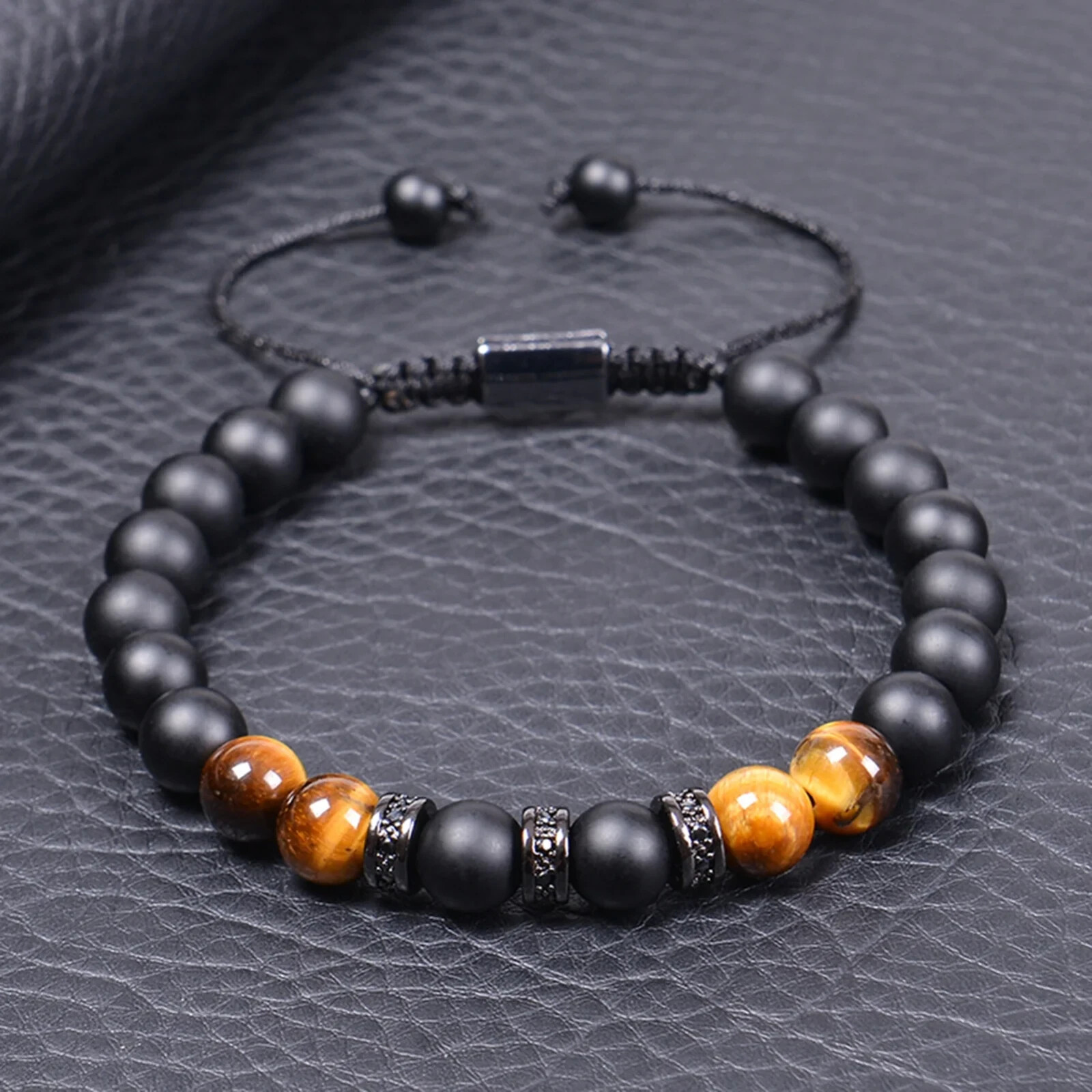 Black Onyx Tiger Eye Natural Stone Adjustable Bracelet Spiritual Healing Gift