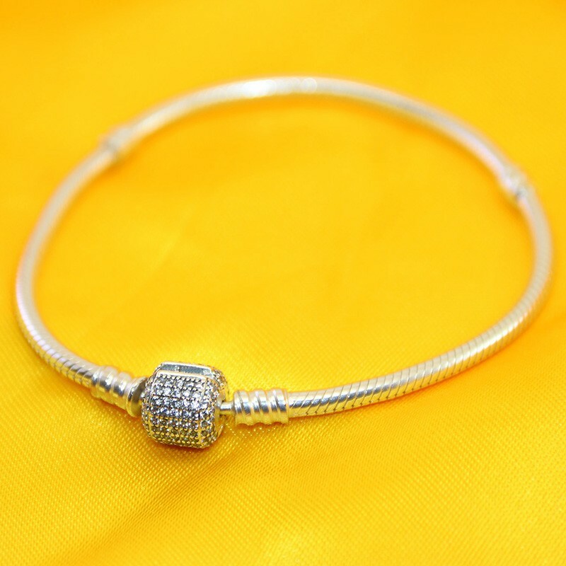 Queenqier CZ S925 Silver Bangle Bracelet Snake Chain For European Charms Beads