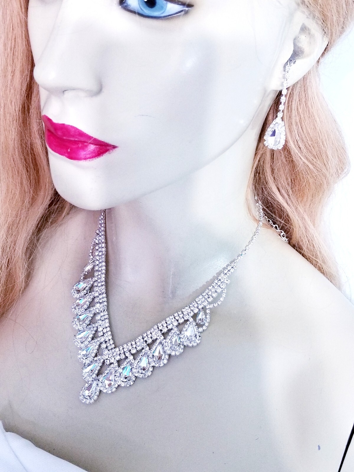 Clear Rhinestone Necklace Earring Set Bridal Prom Pageant Statement Drag Queen