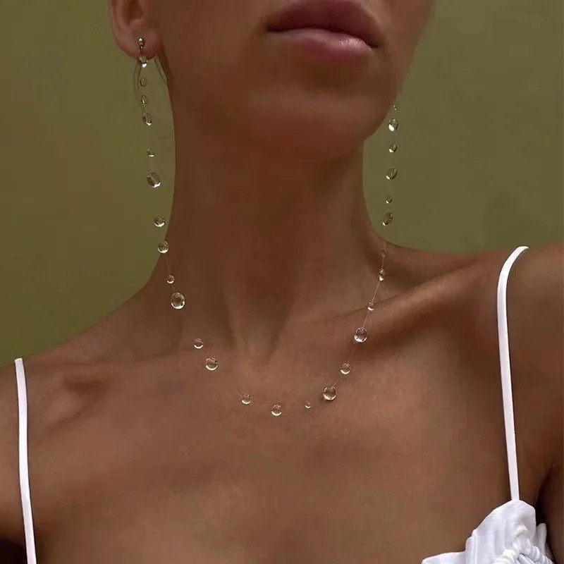 Simple Transparent Water Drop Clavicle Chain Thin Rope Beaded Tassel Earrings