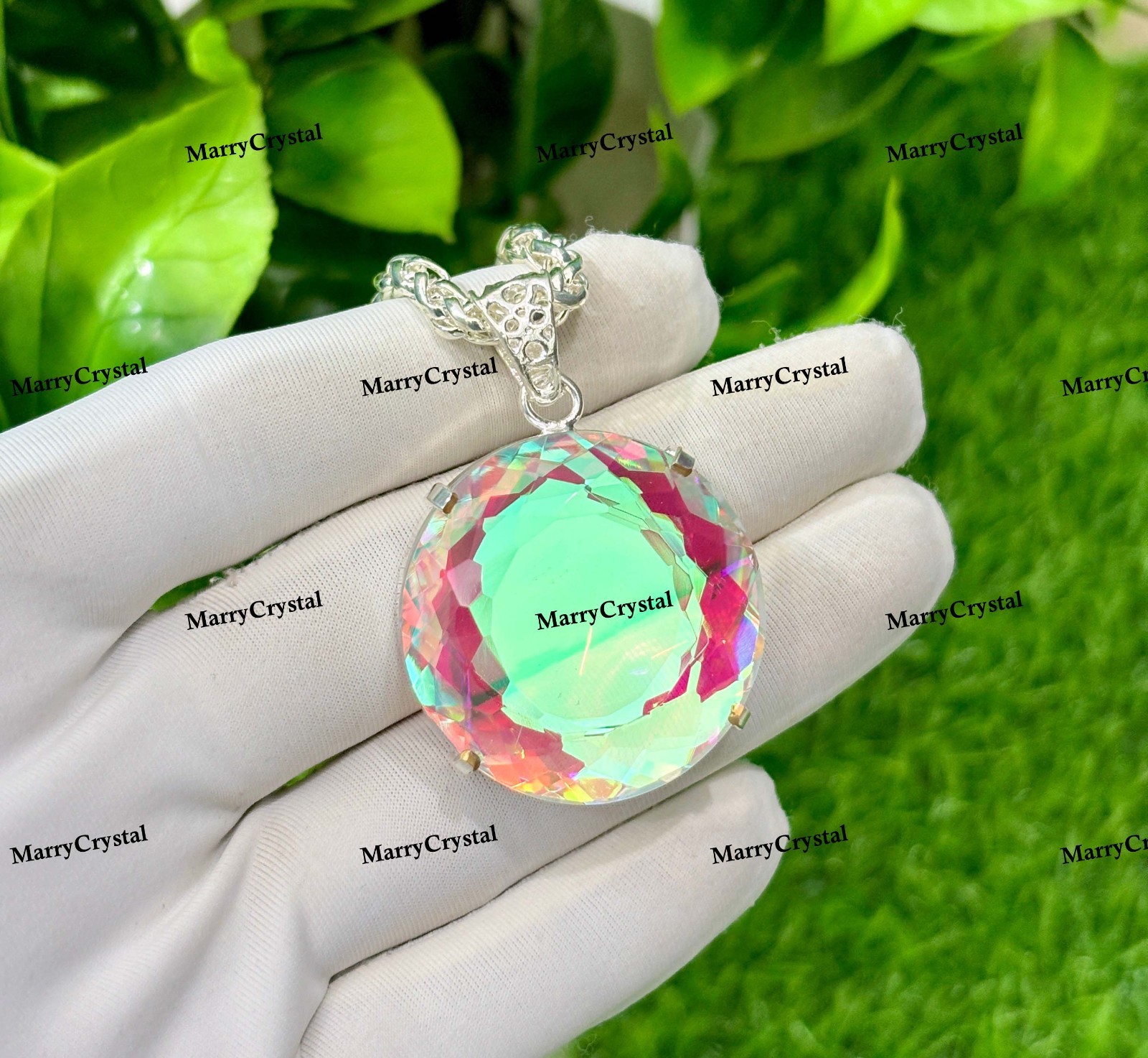 Handcrafted Dichroic Mystic Glass Pendant Necklace, Multi-Color Round Gemstone