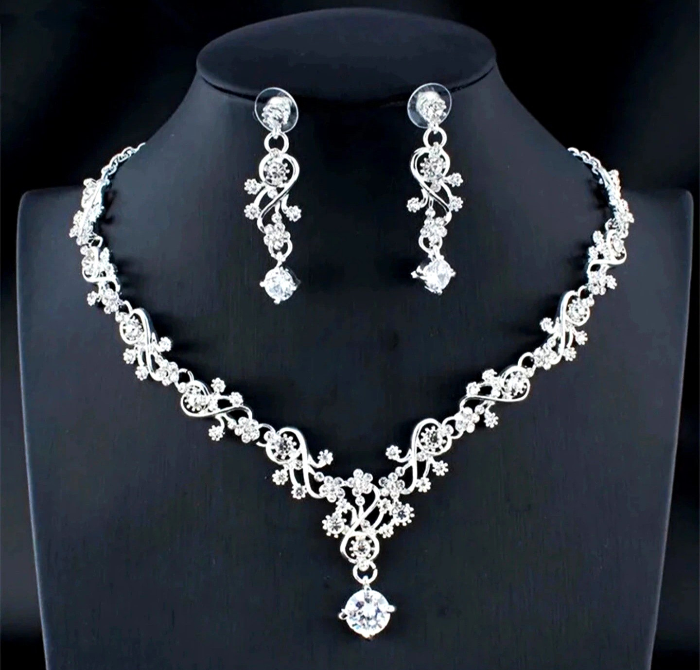 Silver Plated Clear Rhinestone Adjustable Necklace & Earrings Set